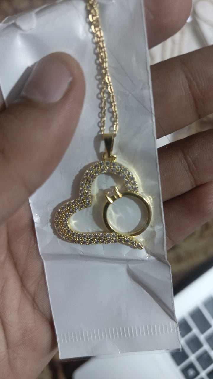 Korean Heart Locket With Ring – Elegant Golden Pendant Necklace