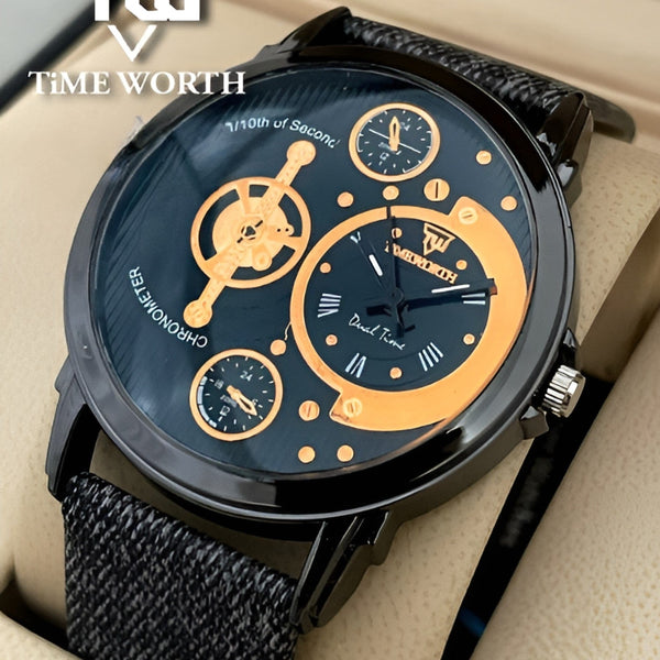 Time Worth Dual Time Stylish Grey Leather Strap Watch
