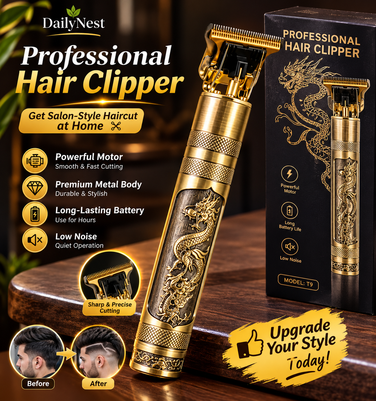 Men's Rechargeable Hair Trimmer with Dragon Design