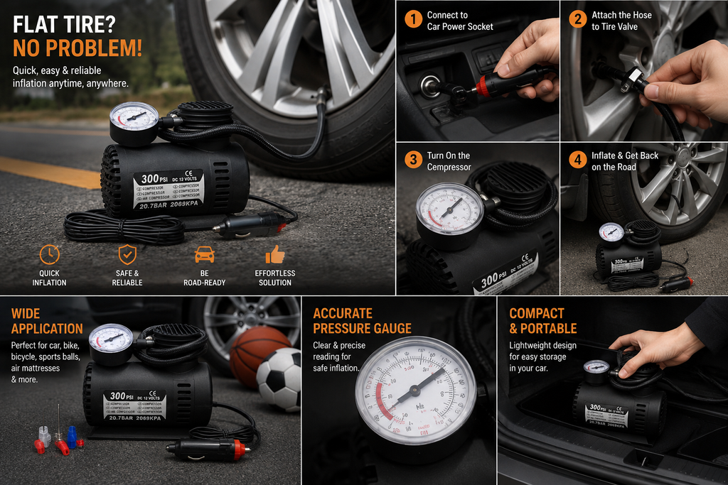 300 PSI DC 12V Air Compressor – Portable Car Tyre Inflator with Pressure Gauge