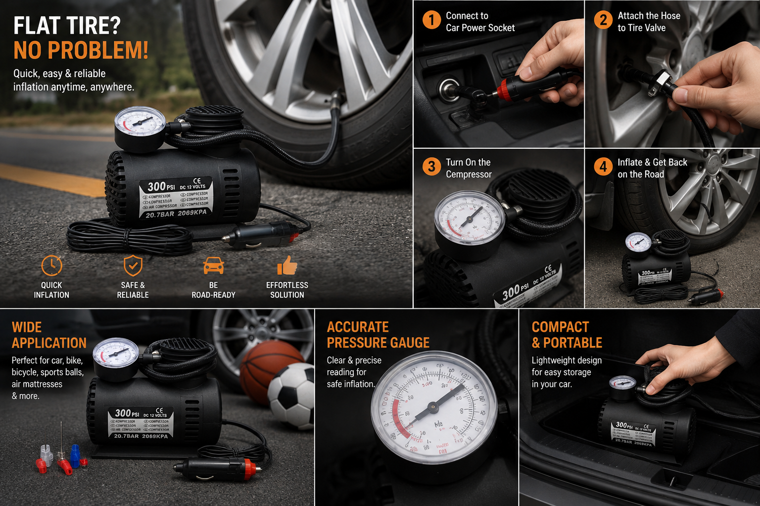 300 PSI DC 12V Air Compressor – Portable Car Tyre Inflator with Pressure Gauge
