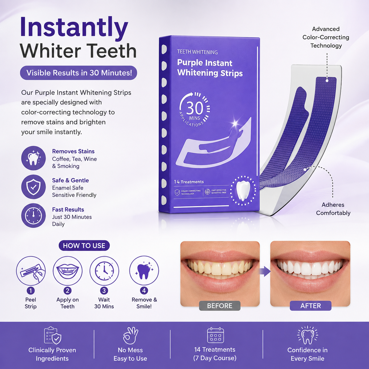 Purple Instant Teeth Whitening Strips (14 Treatments)
